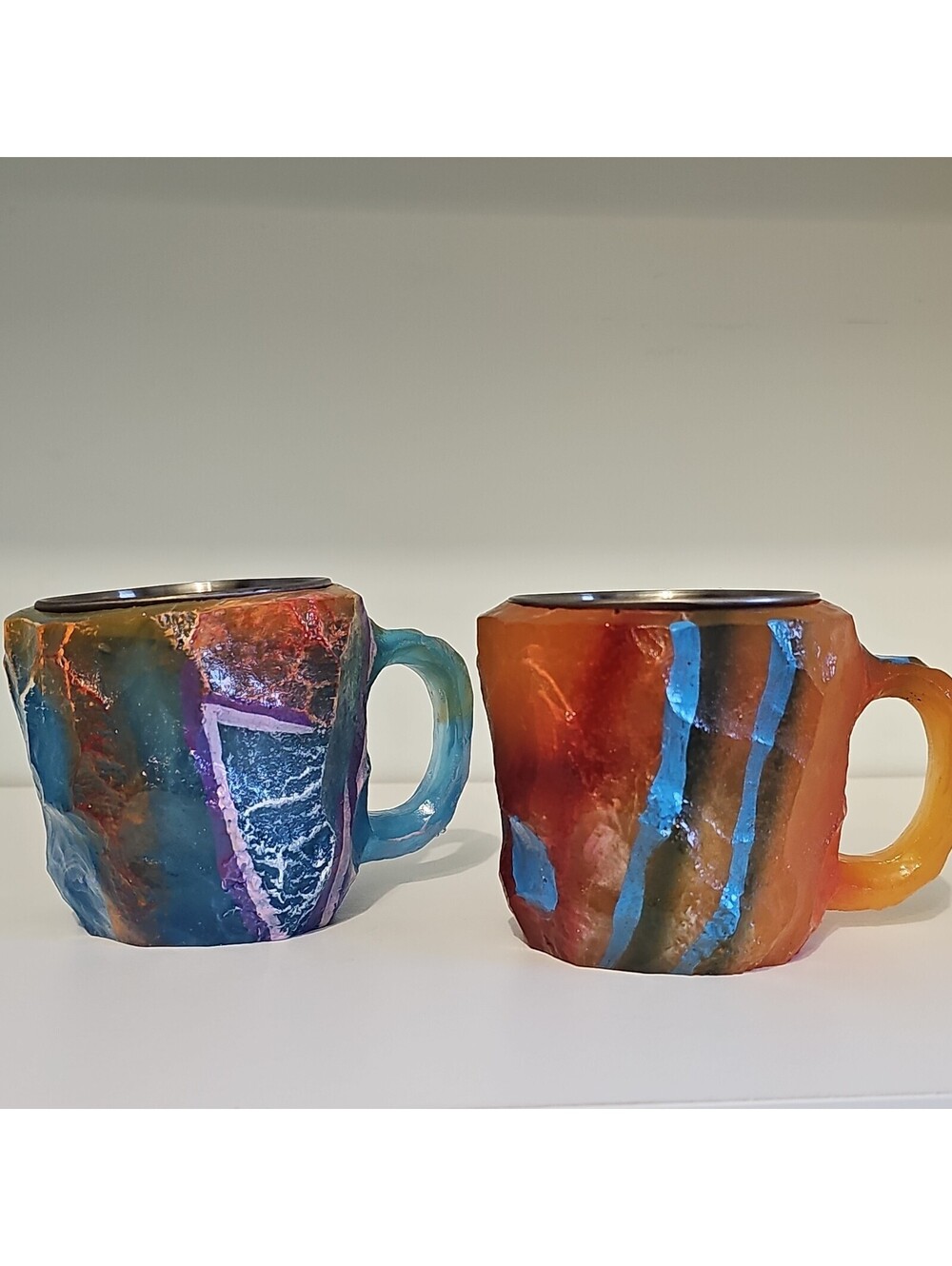 Set of 2 Handmade Artisan Resin Mugs w/ Stainless Steel Insert Faux Stone Geode